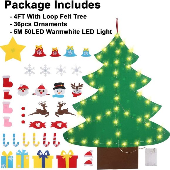 4FT DIY Felt Christmas Tree Set with 36pcs Ornaments 5M 50LED Warm White LED - Picture 8 of 8